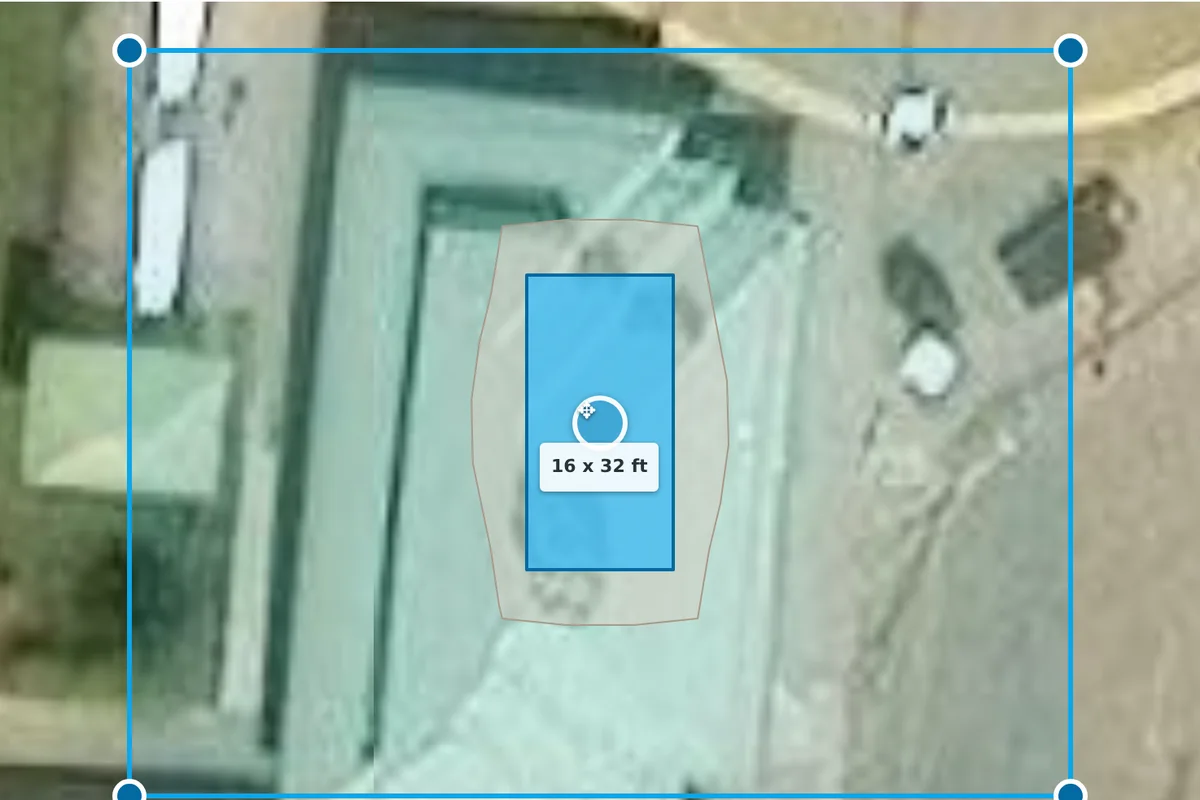 Backyard pool planner showing a traced Toronto GTA yard with a 16 by 32 foot inground pool placed at true scale
